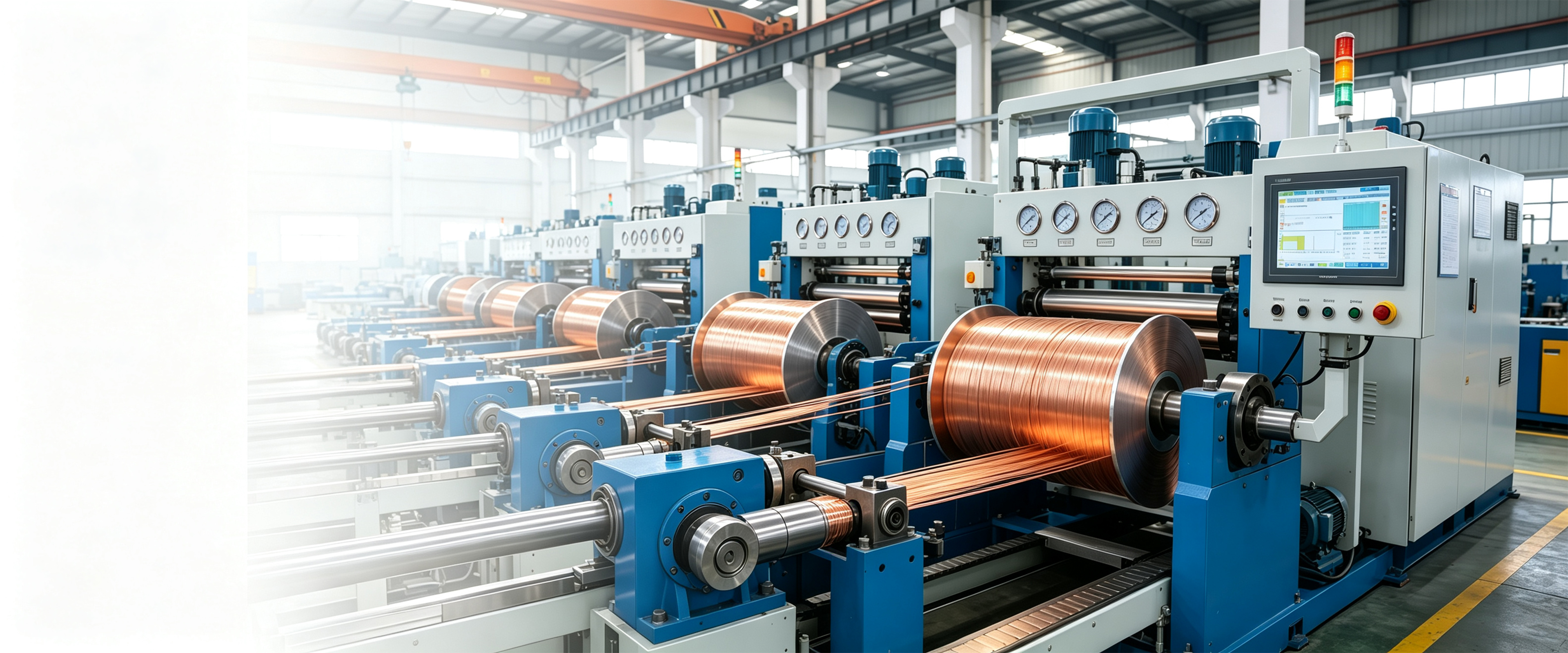 Continuous copper rod extrusion line running copper conductor through a multi-stand rolling mill inside the Shuangyou factory